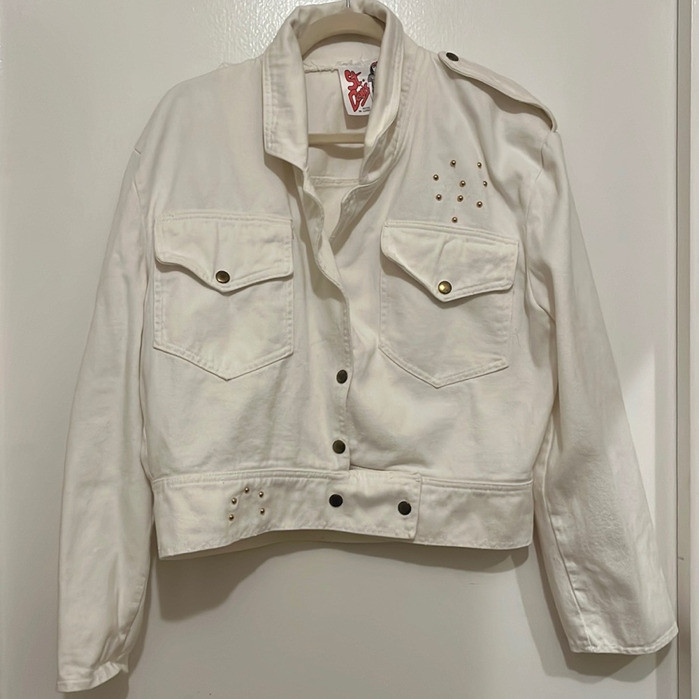 Super 80s white denim jacket with gold studs.  Moto styling!